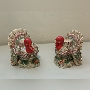 Vintage Ceramic Turkey Candle Holders Thanksgiving Embossed Hand Painted